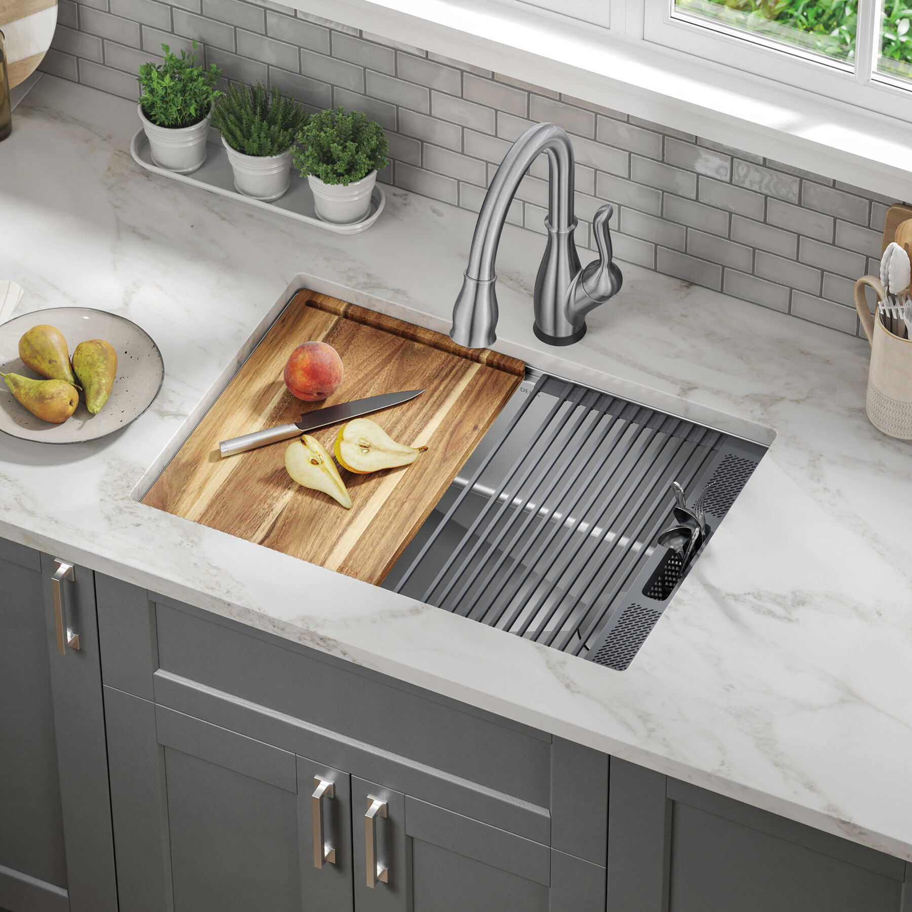27” Workstation Kitchen Sink Undermount Stainless Steel Single Bowl with WorkFlow™ Ledge and Accessories, image 14